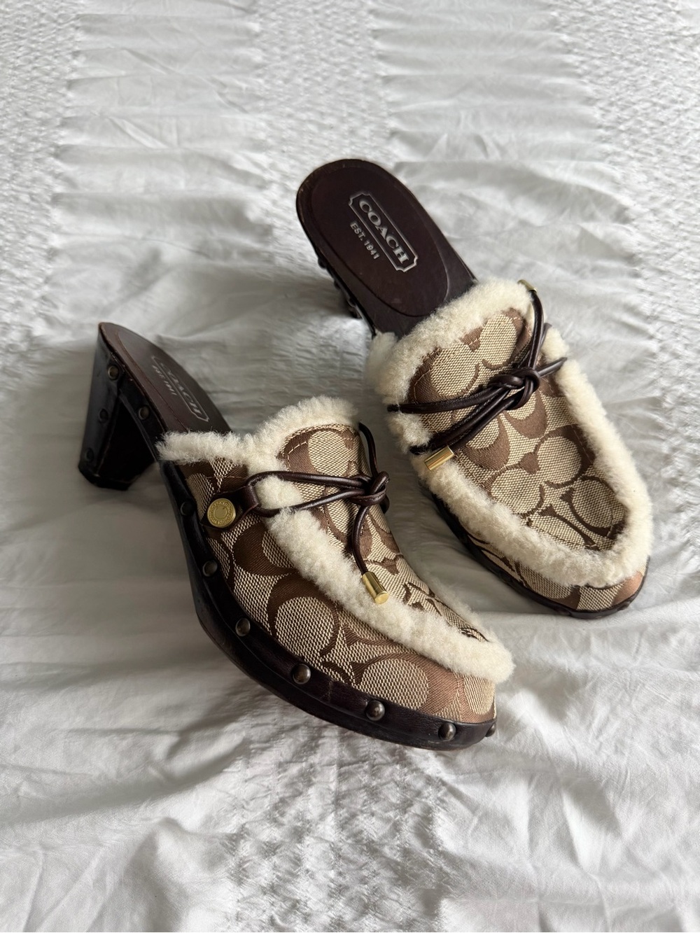 Vintage Coach Signature Canvas & Leather Trim Wooden Sole Heeled Mules